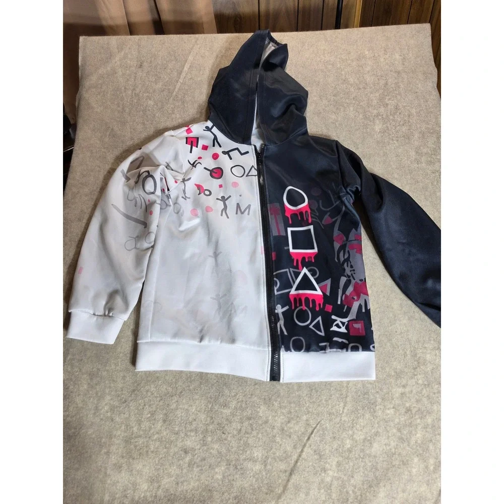 Squid Game Split Black White Graphic Zip Up Hoodie Kids 11-12Y Streetwear Jacket
